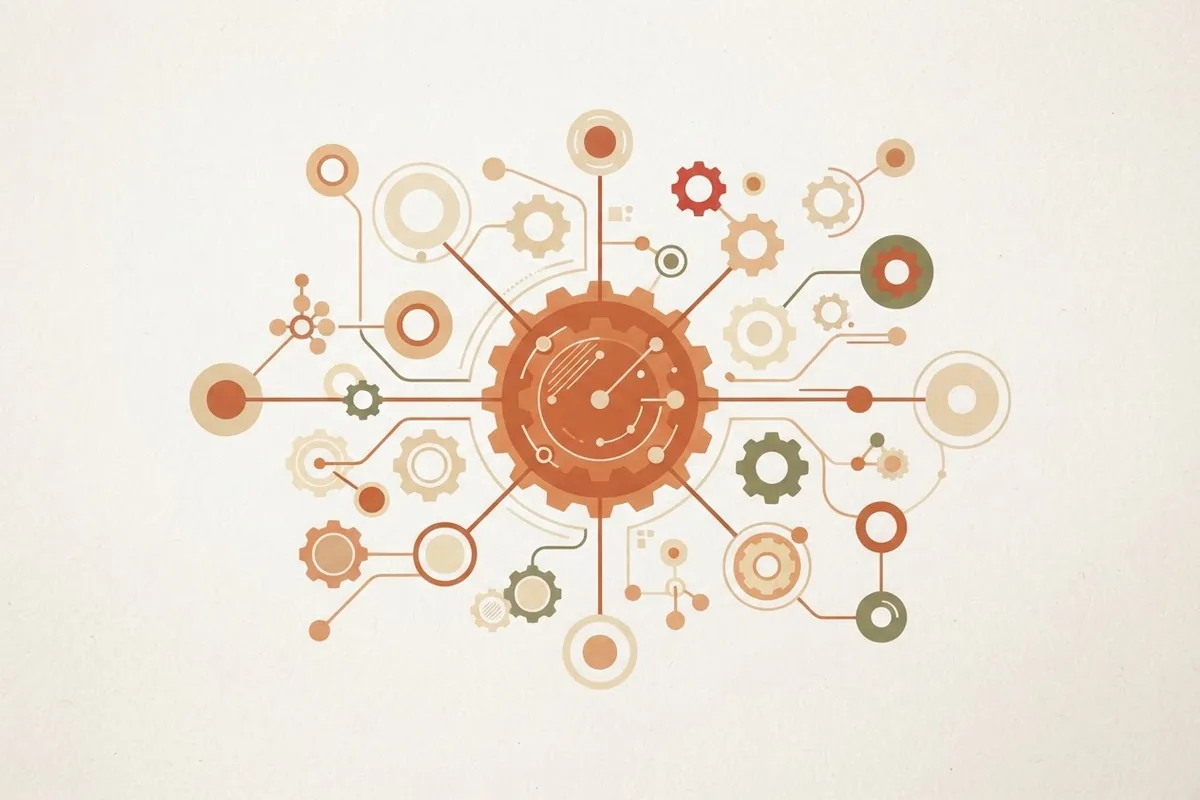 A flat abstract illustration of connected nodes and gears representing agentic AI orchestration in marketing.
