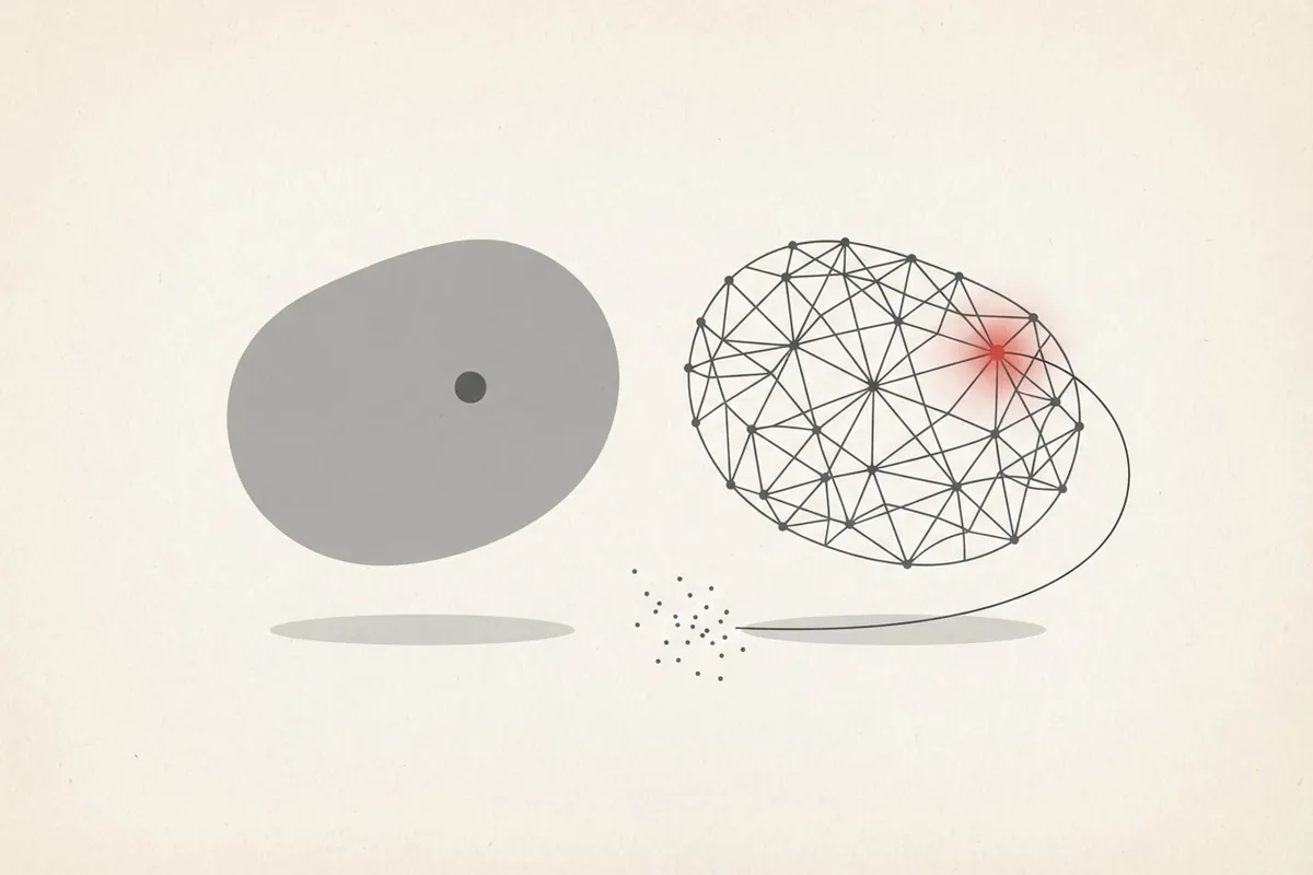 Abstract illustration comparing a plain grey shape with a connected node network, linked by a curved line to a small dot cluster.