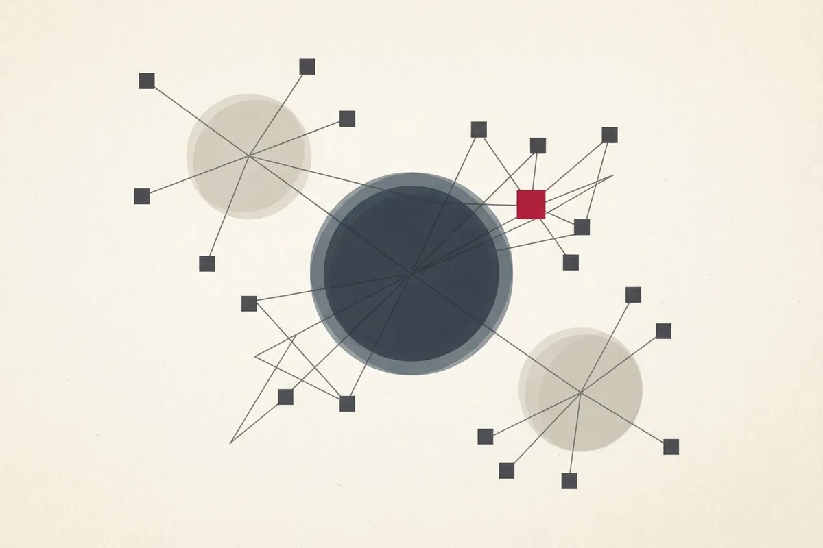 Three translucent circles connected by straight lines to small solid squares, forming an abstract network with one larger central circle.