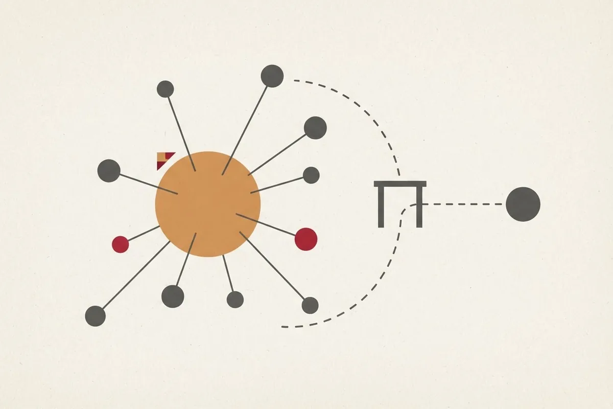 Abstract geometric illustration of a central node connected by lines to smaller nodes, with a dashed arc passing through a gate shape toward a final node.